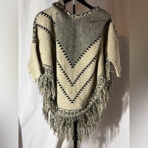 Rockin By Reba Fringed Knit Sweater Poncho - Cream and Black OS